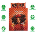 Black girl quilt bedding set shown with portrait artwork, red tones, butterflies, and product feature icons