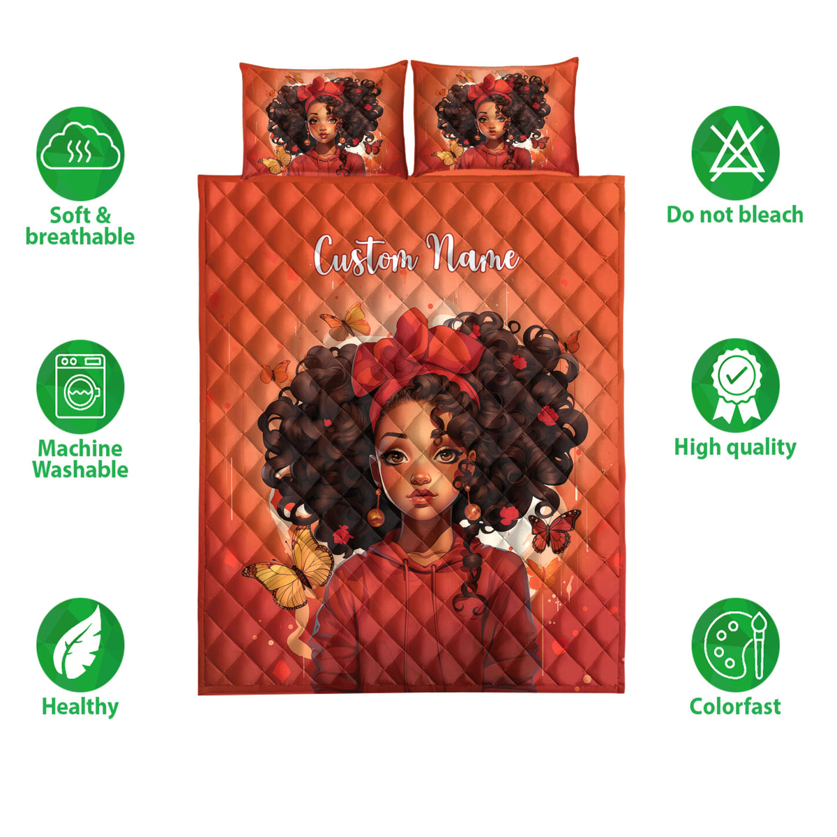 Black girl quilt bedding set shown with portrait artwork, red tones, butterflies, and product feature icons