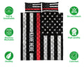 Firefighter quilt bedding set shown with black, white and red flag stripes and star details