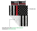 Firefighter quilt close-up showing the printed front, quilted texture and white backing