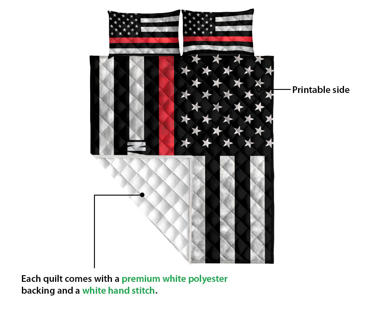 Firefighter quilt close-up showing the printed front, quilted texture and white backing