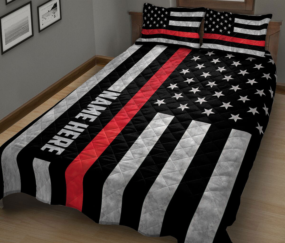 Patriotic firefighter quilt blanket on a bed with stars, stripes and a thin red line