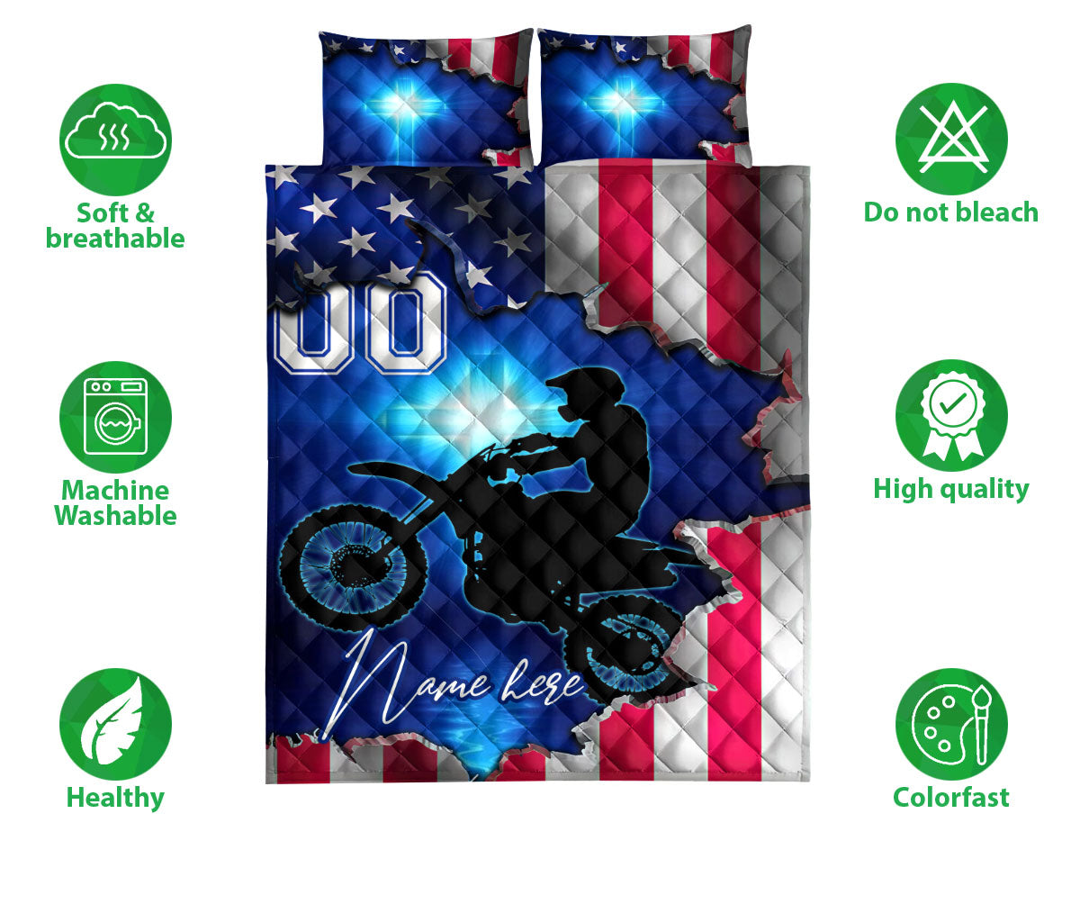 Motocross quilt bedding set with dirt bike artwork, blue lighting, stars, and red white blue design