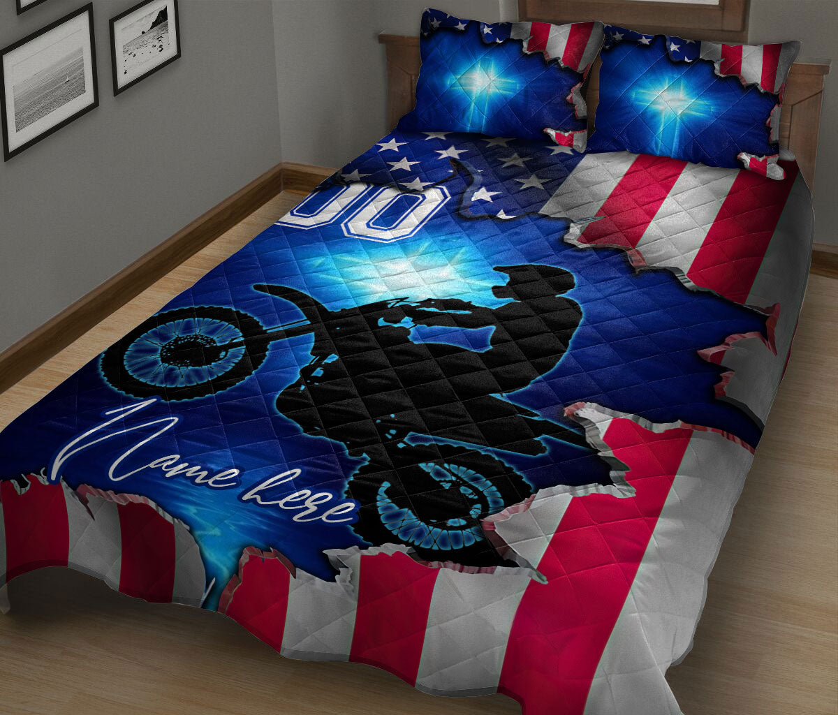 Blue motocross quilt bedding with dirt bike rider artwork and patriotic red white blue accents