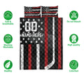 Hockey quilt bedding set shown flat with red, white, and black hockey artwork and product feature icons