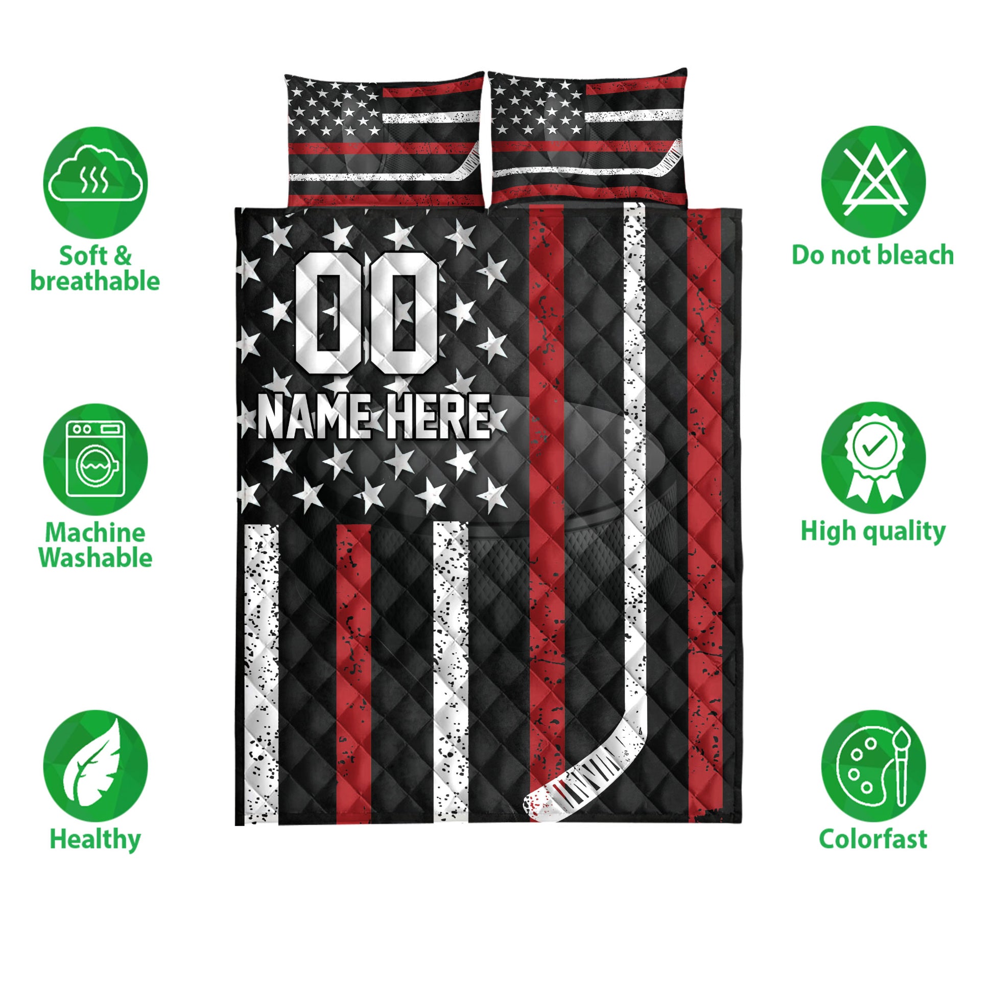 Hockey quilt bedding set shown flat with red, white, and black hockey artwork and product feature icons