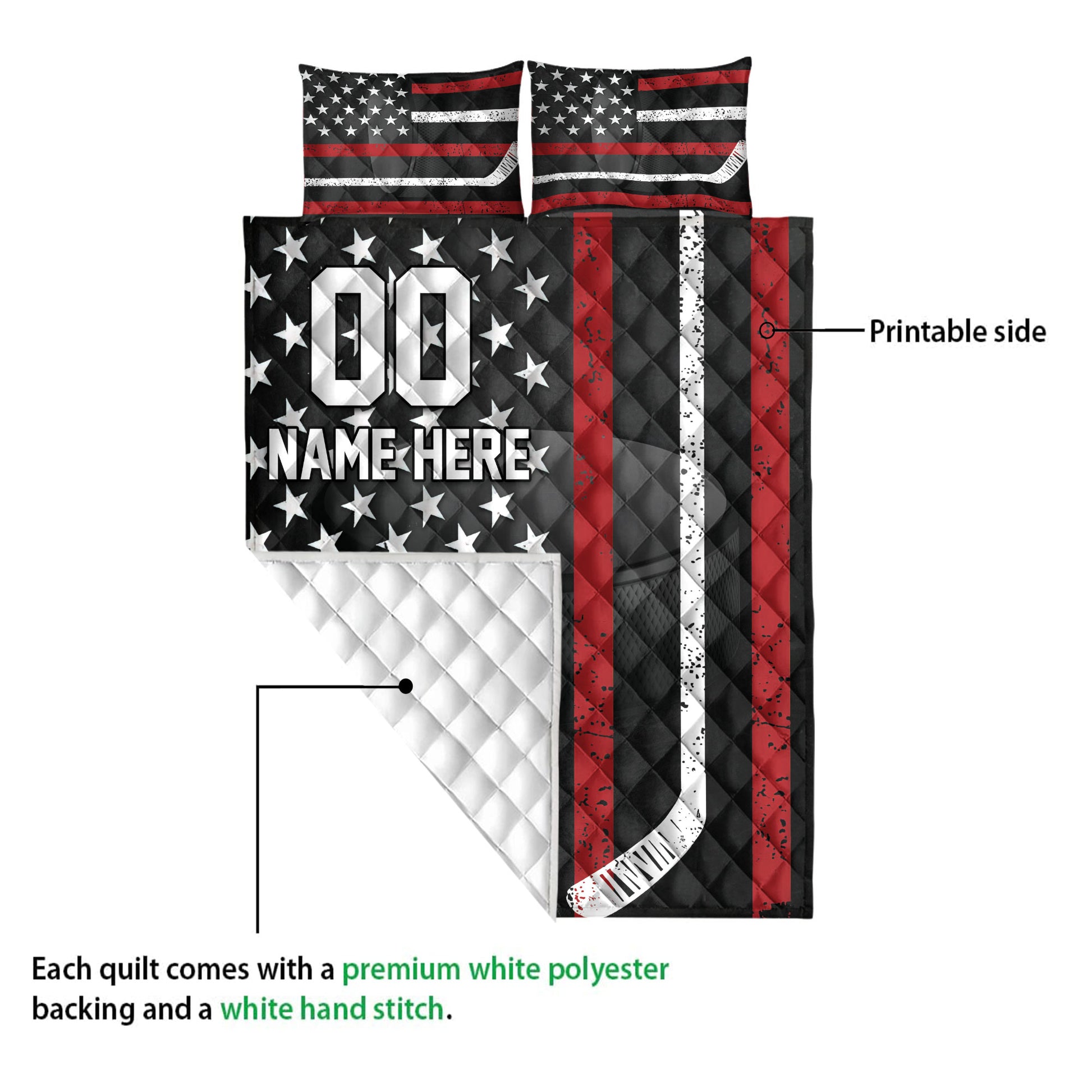 Hockey quilt showing the printed front, white quilted backing, and hockey stick artwork