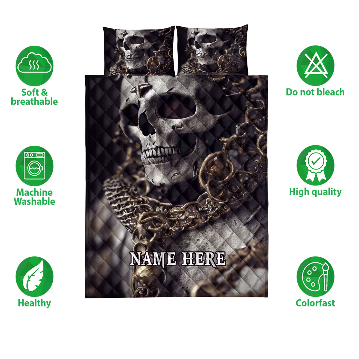 Skull quilt bedding set displayed with matching pillows and soft breathable care feature icons