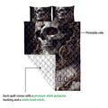 Skull quilt bedding set showing the printed front and white quilted reverse backing