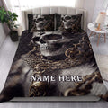 Gothic skull quilt bedding set styled on a bright bedroom bed with matching pillows