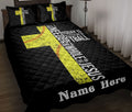 Black softball quilt blanket styled on a bed with bold yellow softball artwork and sports typography
