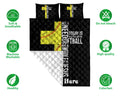 Softball quilt bedding set displayed flat with black and yellow artwork and product feature icons