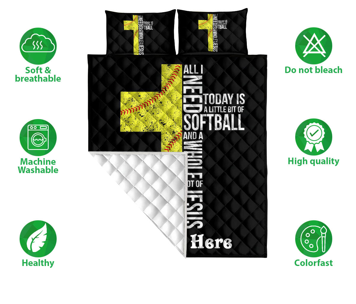 Softball quilt bedding set displayed flat with black and yellow artwork and product feature icons