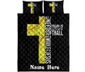Softball quilt bedding set shown flat with black quilted texture and yellow softball design