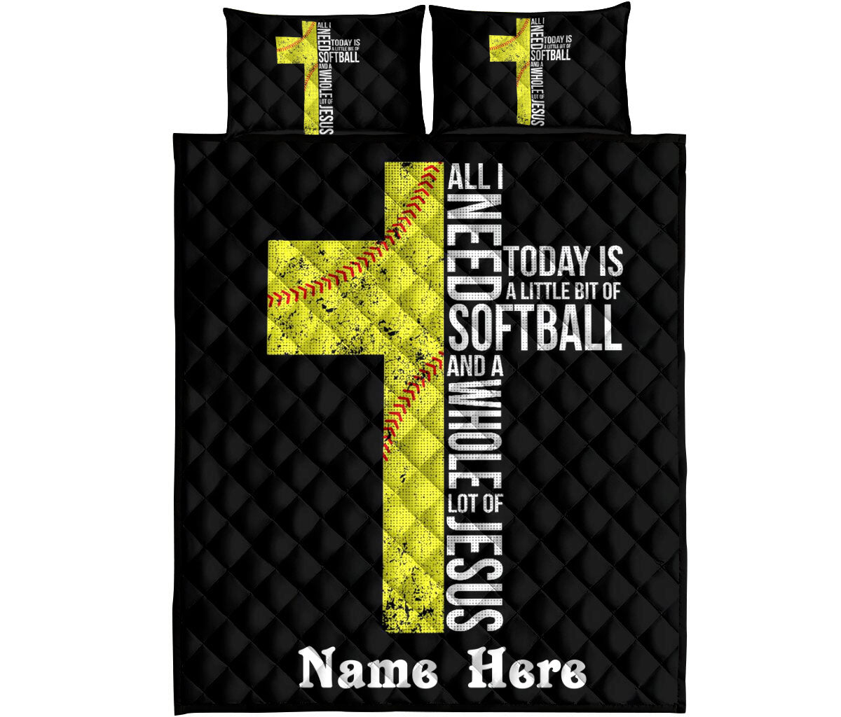 Softball quilt bedding set shown flat with black quilted texture and yellow softball design
