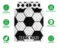 Soccer ball quilt bedding set shown flat with black and white artwork and matching pillows
