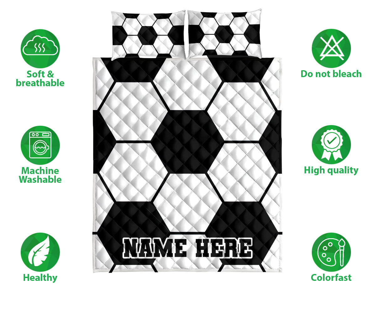 Soccer ball quilt bedding set shown flat with black and white artwork and matching pillows
