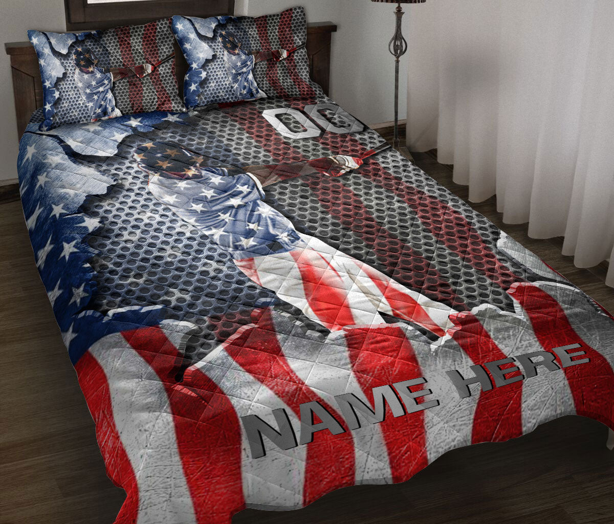 Baseball quilt blanket displayed on a bed with patriotic stars and stripes ballplayer artwork