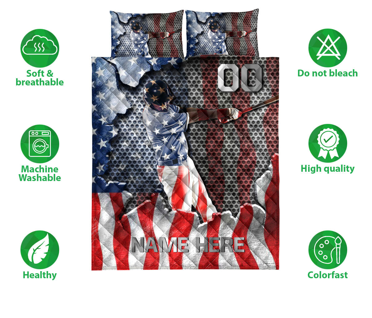 Baseball quilt bedding set with ballplayer artwork, patriotic colors, and feature icons