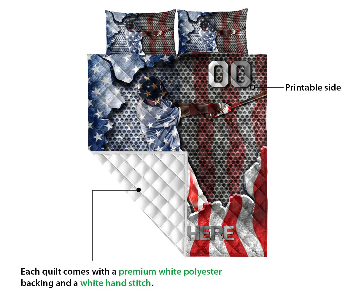 Baseball quilt blanket showing the printed front design and white quilted backing