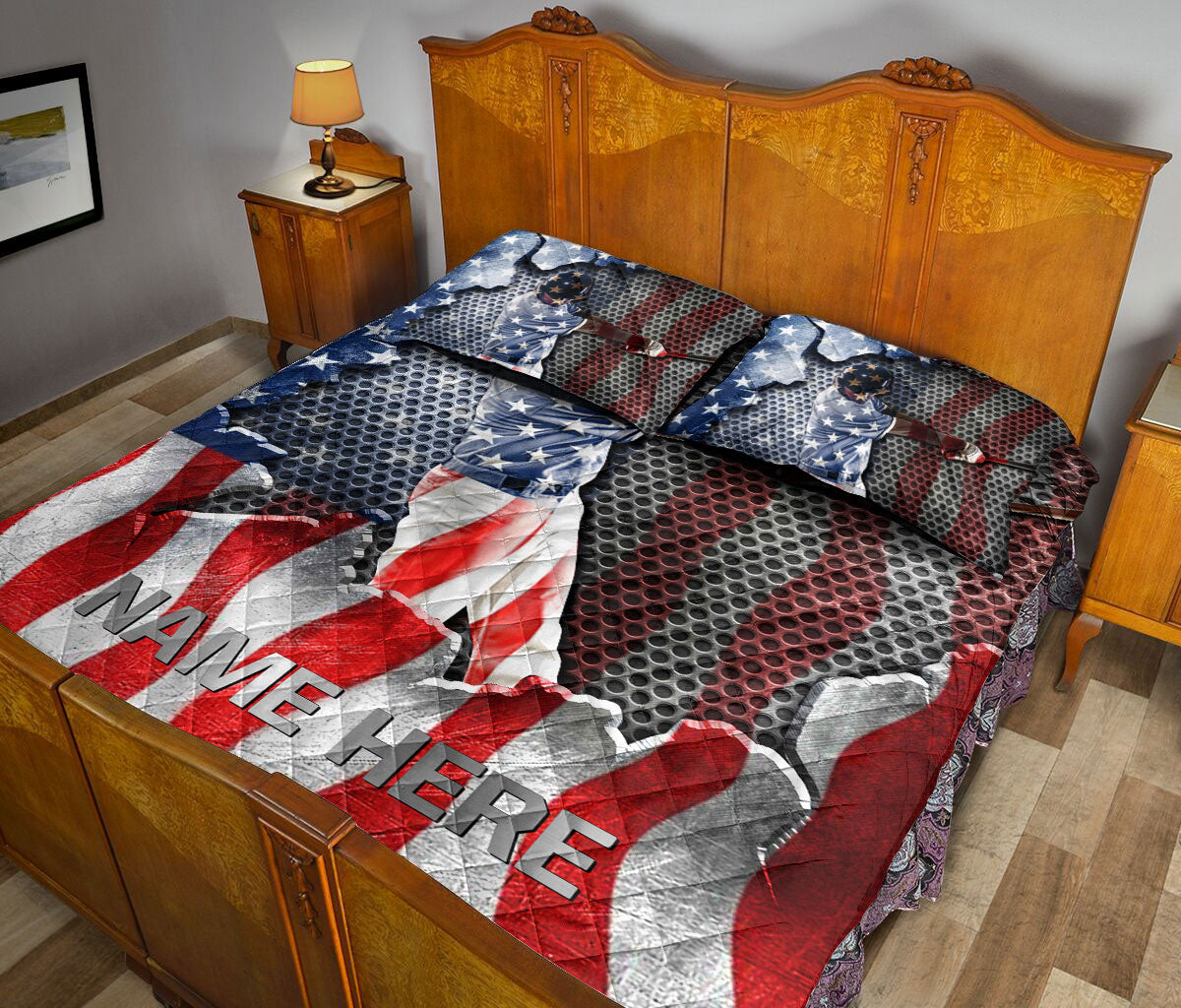 Baseball quilt bedding styled in a bedroom with patriotic ballplayer artwork