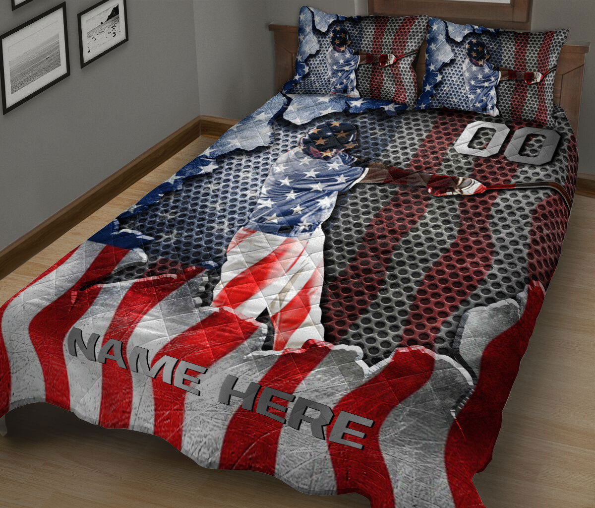 Close bedroom view of a baseball quilt blanket with batter artwork and red, white, and blue colors