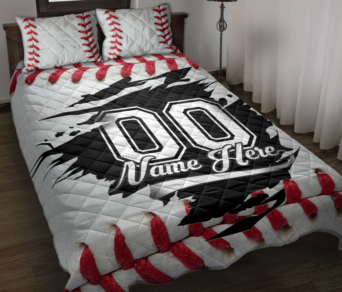 Baseball quilt blanket bedding set styled on a bedroom with red seams and bold black athletic artwork
