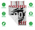 Baseball quilt blanket shown flat with red seam pattern, bold black artwork, and breathable feature icons