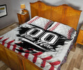 Baseball quilt bedding set displayed on a wooden bedroom bed with red, black, and white sports artwork