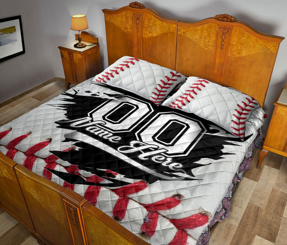 Baseball quilt bedding set displayed on a wooden bedroom bed with red, black, and white sports artwork