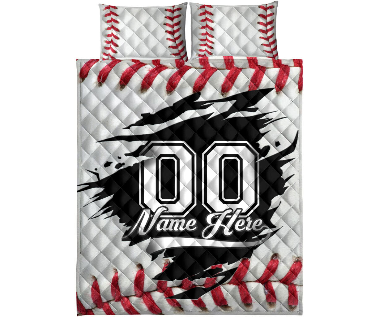 Front-facing baseball quilt bedding set with red seam pattern and strong black and white sports design