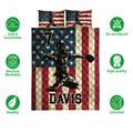 Baseball quilt bedding set shown with patriotic player artwork and product feature icons