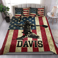Patriotic baseball quilt blanket styled in a bright bedroom with matching sports artwork