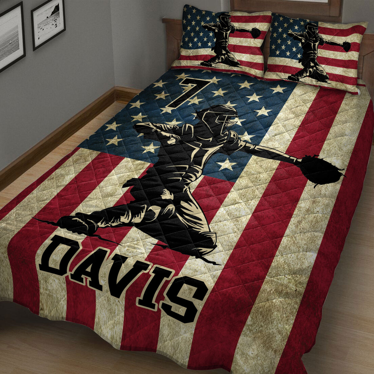 Baseball quilt bedding displayed on a bed with stars, stripes, and bold ballplayer artwork