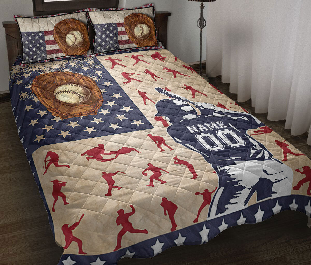 Baseball quilt blanket on a bed with patriotic stars, glove, ball, and batter artwork