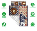 Baseball quilt bedding set displayed flat with glove, ball, player artwork, and care icons