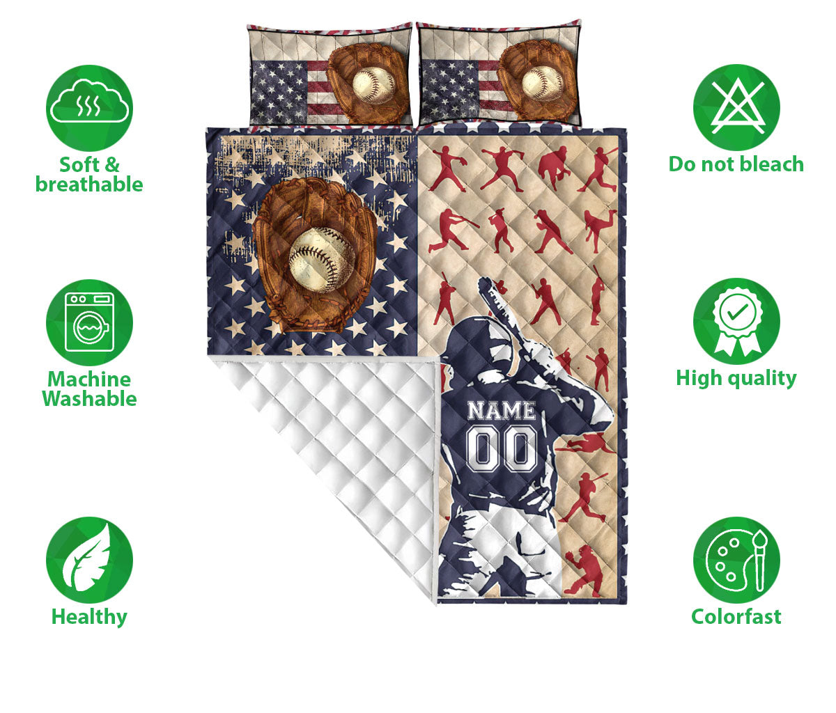 Baseball quilt bedding set displayed flat with glove, ball, player artwork, and care icons