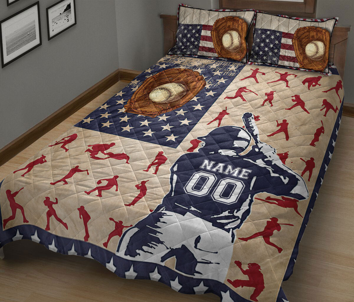 Patriotic baseball quilt blanket featuring a glove, baseball, batter silhouettes, and player artwork