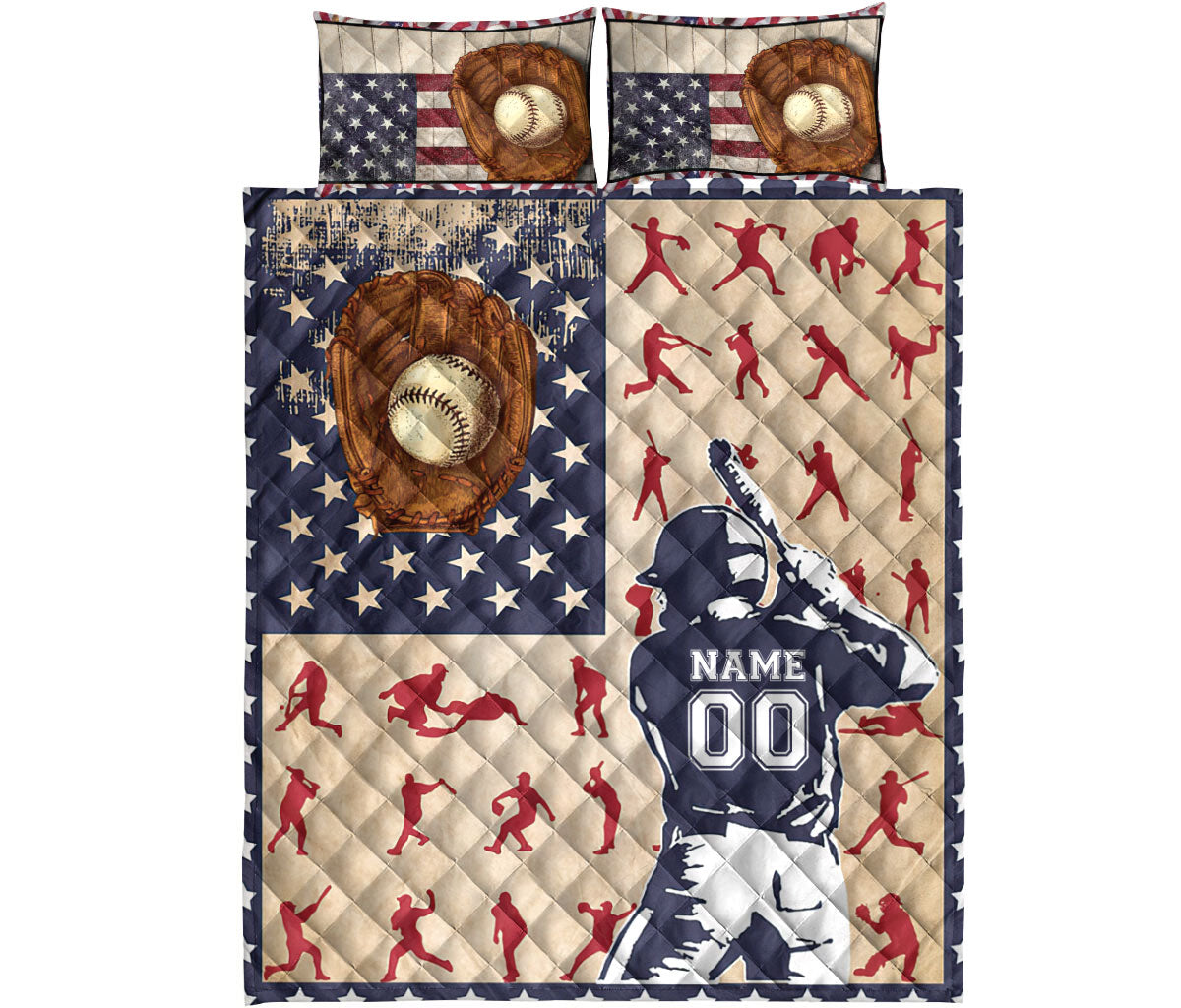 Baseball quilt bedding set product view with glove, ball, batter silhouettes, and patriotic colors