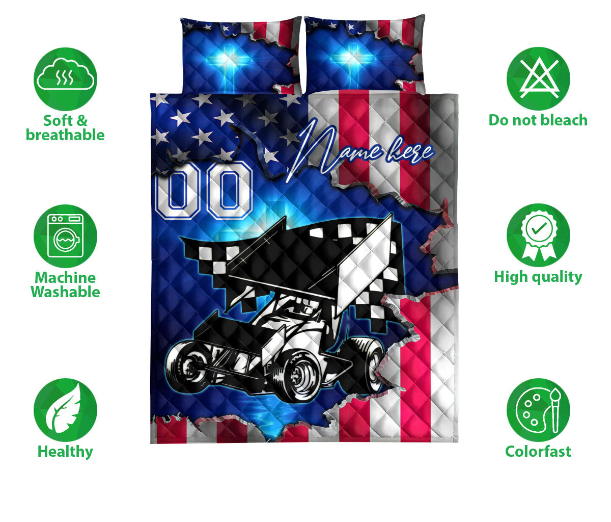 Dirt track racing quilt bedding set featuring a sprint car graphic, checkered details, and red, white, and blue colors