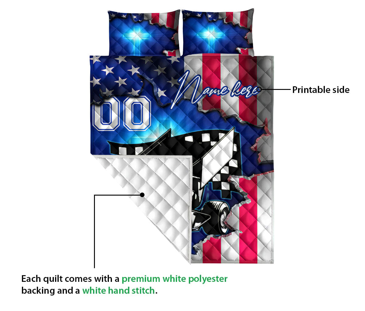 Dirt track racing quilt showing the printed sprint car artwork and contrasting white reverse side