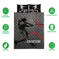 Baseball quilt bedding set shown flat with batting artwork, red baseball seams, and black pillow designs