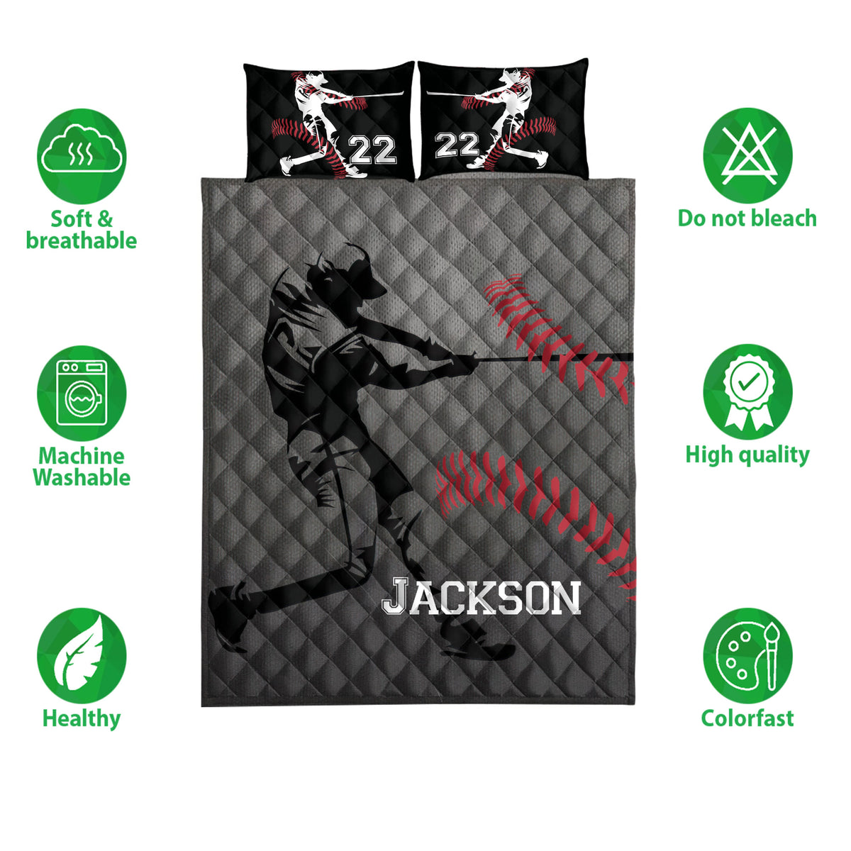 Baseball quilt bedding set shown flat with batting artwork, red baseball seams, and black pillow designs