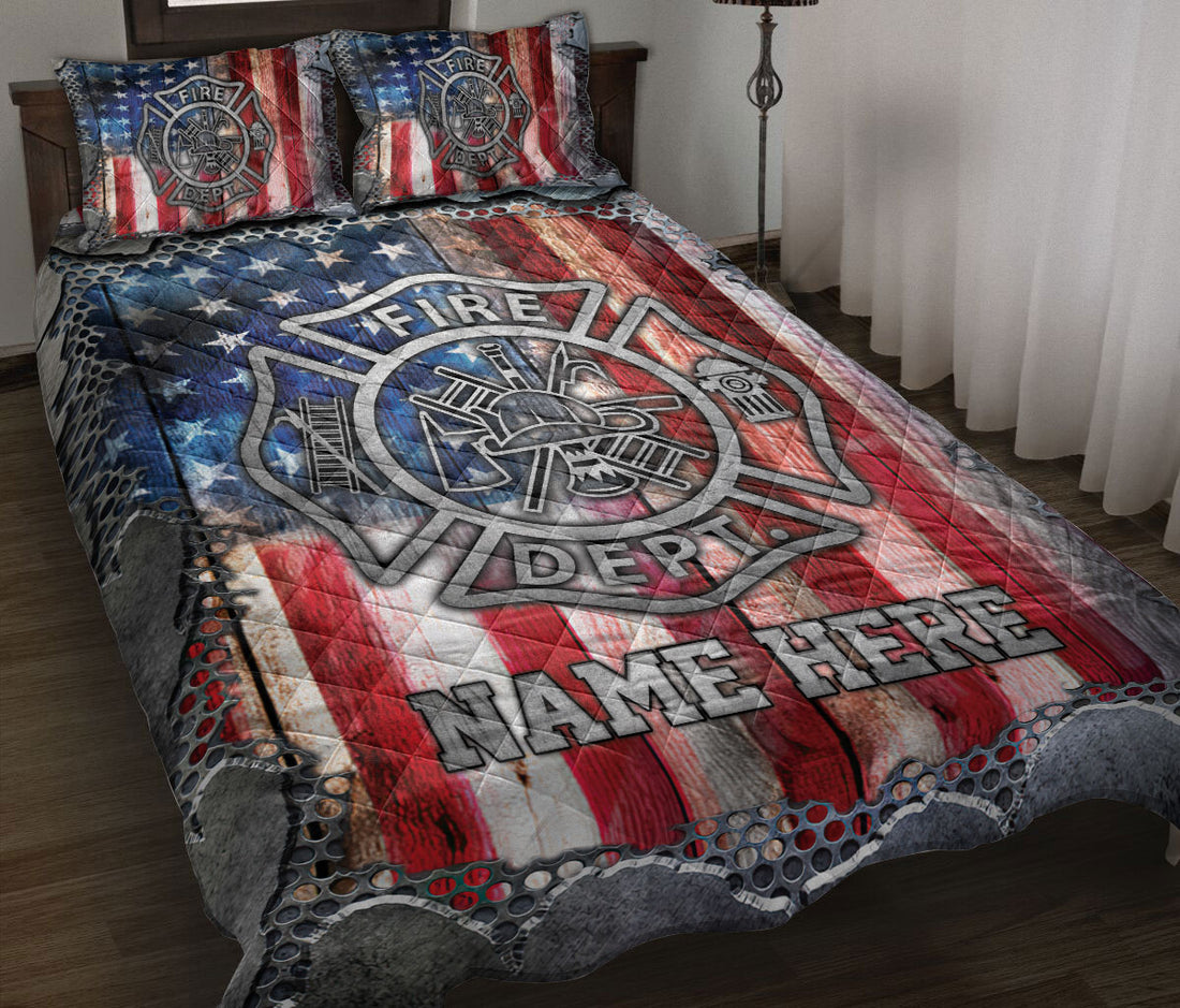 Firefighter quilt blanket bedding set with fire department emblem and distressed American flag artwork