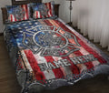 Firefighter quilt blanket bedding set with fire department emblem and distressed American flag artwork