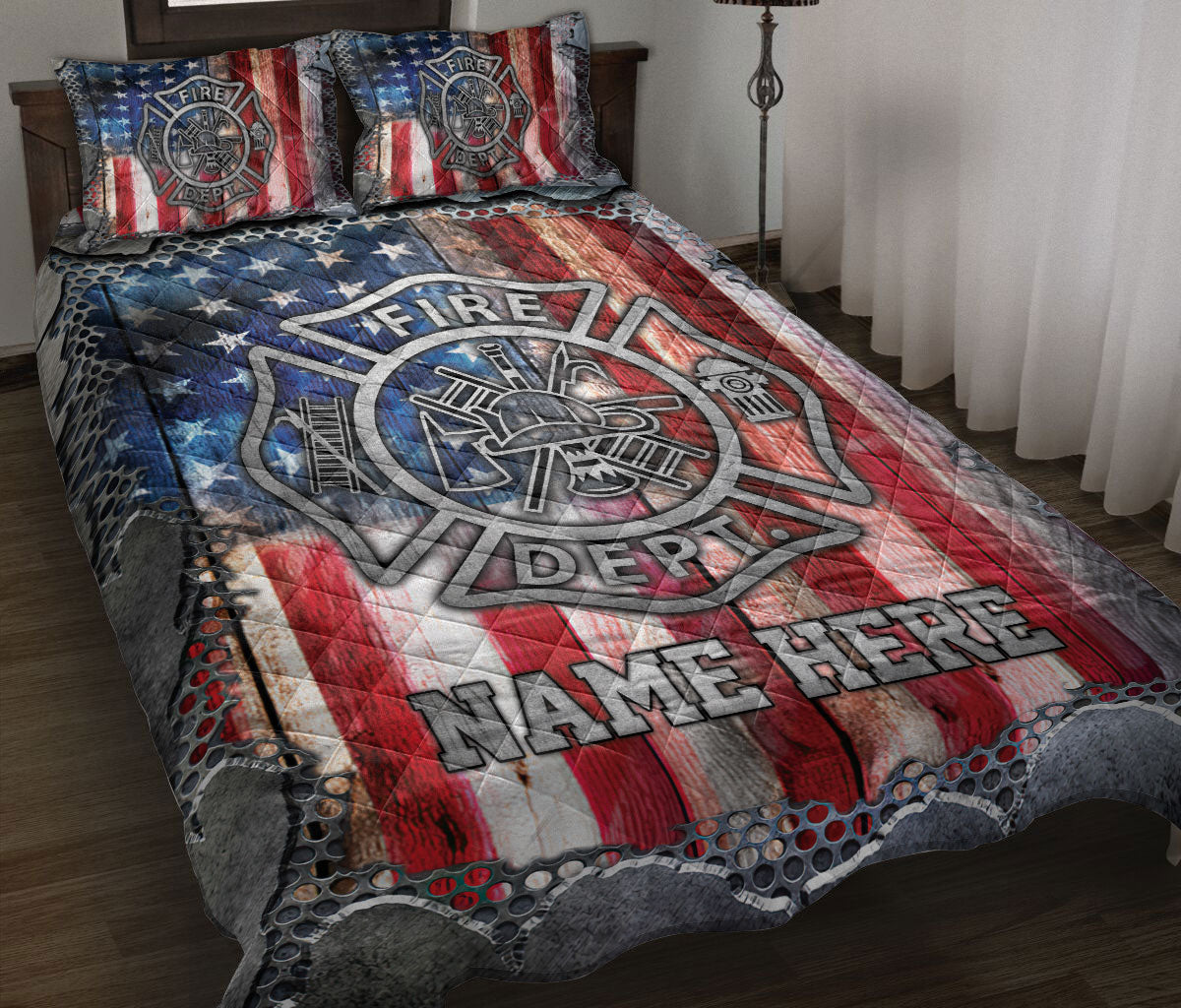 Firefighter quilt blanket bedding set with fire department emblem and distressed American flag artwork