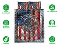Firefighter quilt bedding set displayed with fire department emblem and bold red, white, and blue design