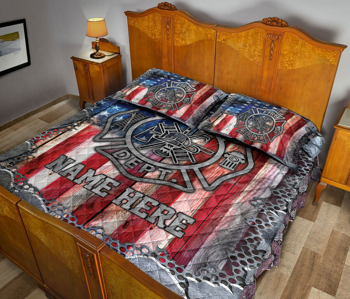 Firefighter quilt blanket styled across a bedroom with fire department emblem artwork