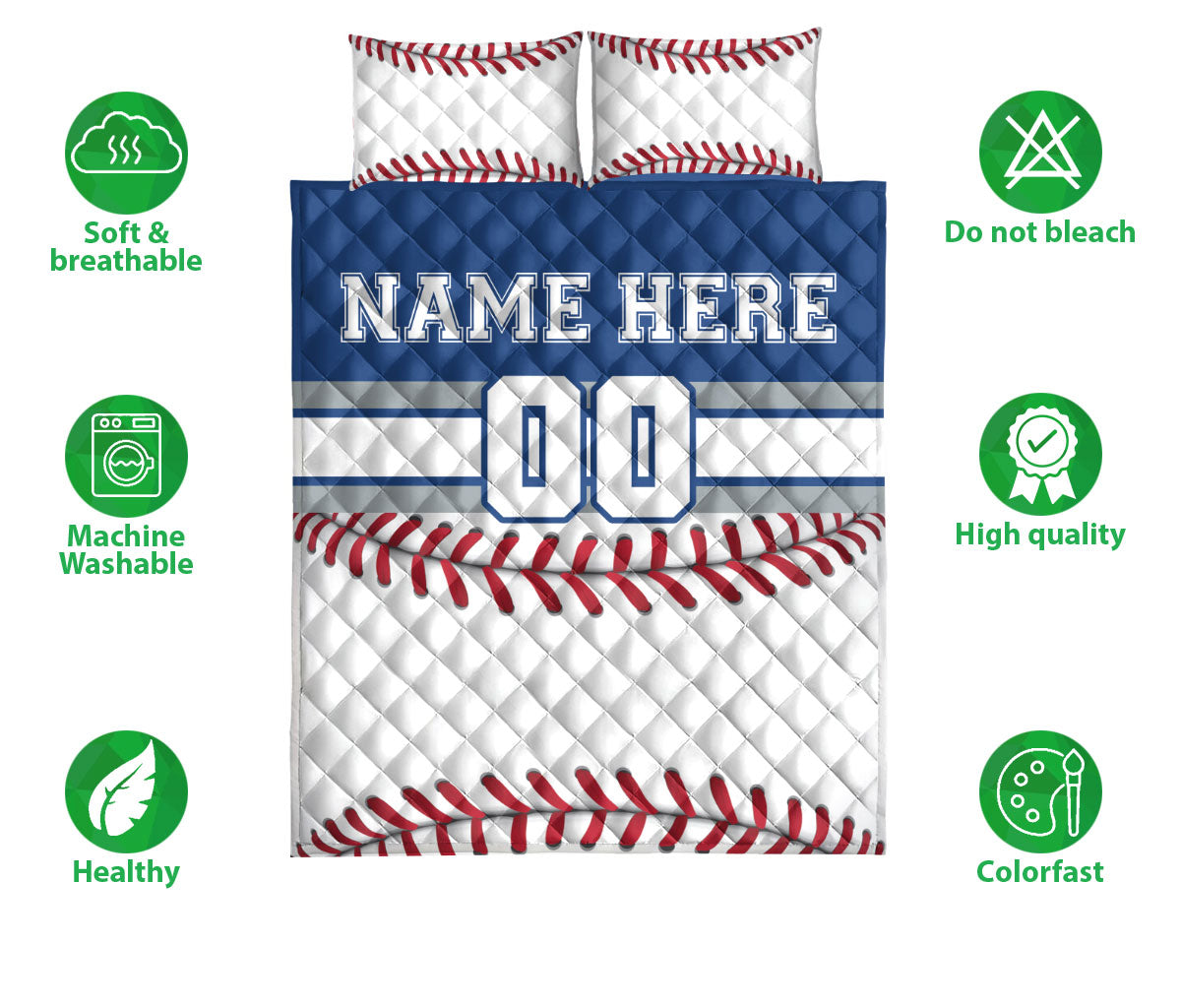 Baseball quilt blanket shown flat with red stitching, blue accents, and a jersey-inspired sports design
