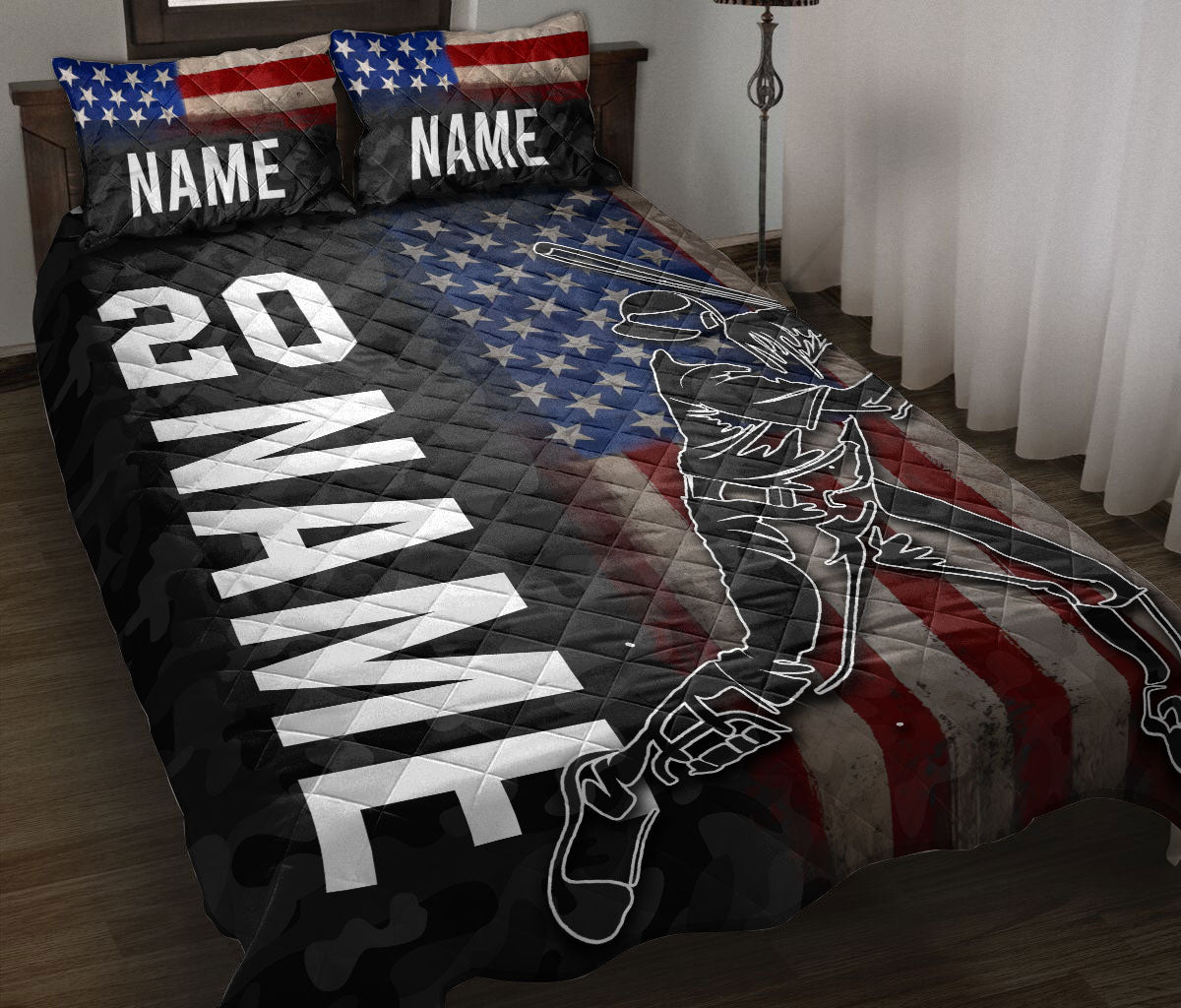 Baseball quilt blanket displayed on a bed with patriotic stars and stripes, batter artwork, and bold sports graphics